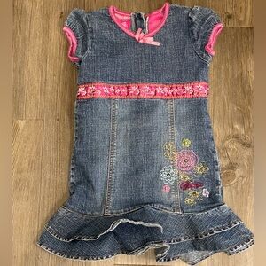 Vintage Y2K Barbie Girls 5 Years Denim Floral Ruffle Embroidered Dress